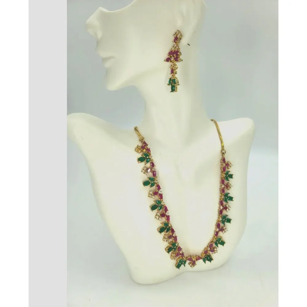 Vintage Artisan Emerald Ruby & CZ Cascade Gold Necklace & Earrings 16.5